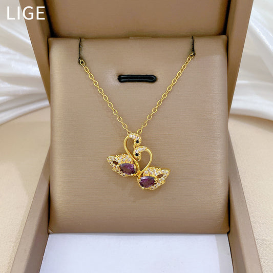 Cartoon Style Swan and Mandarin Duck Pendant Necklace in Titanium Steel with Rhinestone Inlay for Women and Men