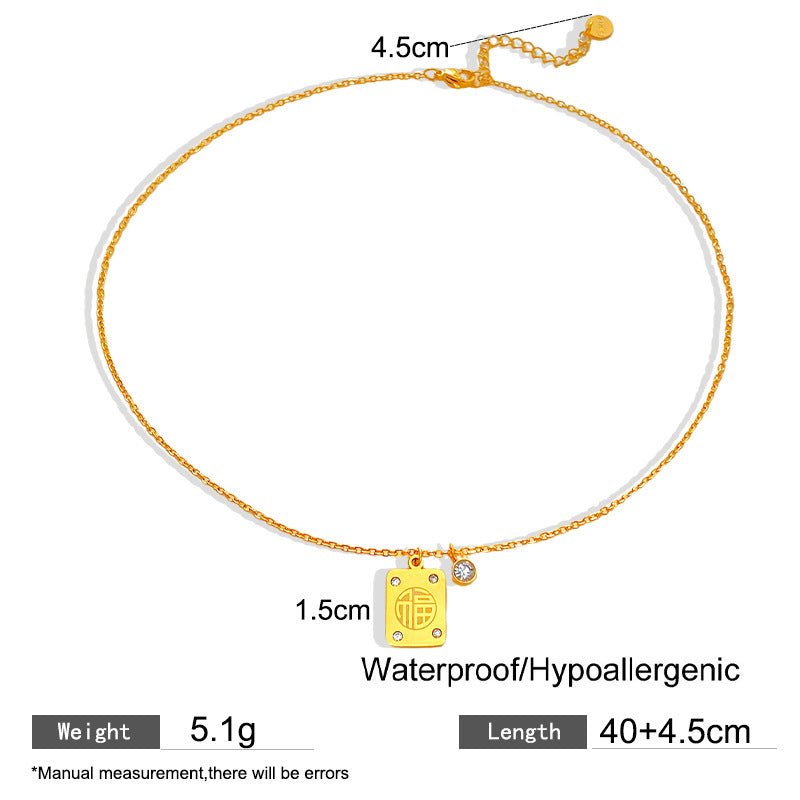 Vintage Micro-Inlaid Cubic Zirconia Square Geometric Titanium Steel Fu Character Pendant Necklace for Unisex