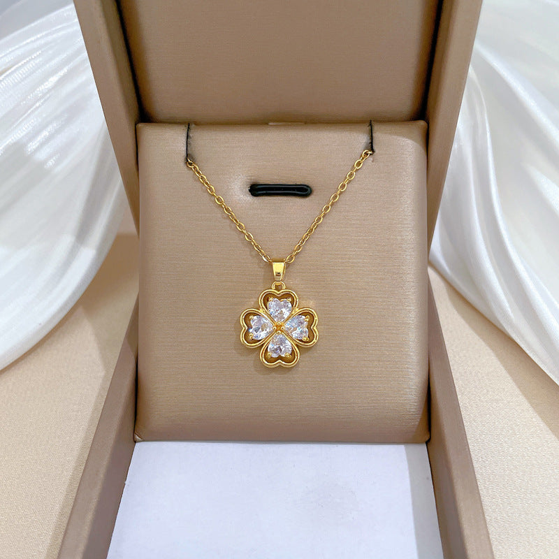 Minimalist Clover Pendant Necklace for Women and Men in Titanium Steel with Gold Plating and Rhinestone Inlay on O-Chain