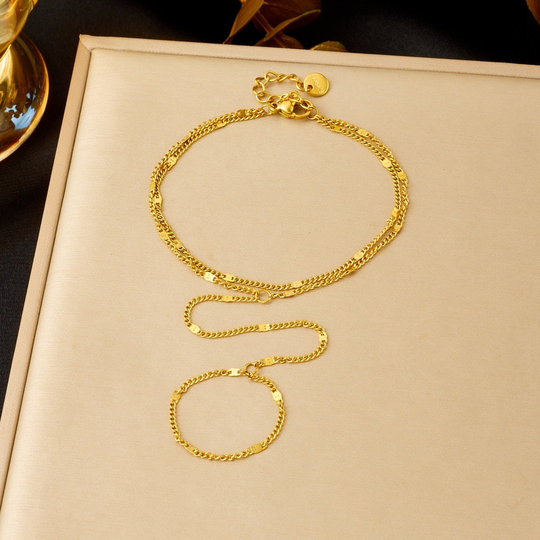 Minimalist Sweet Gold Plated Stainless Steel Double Layer Cable Chain Ring Bracelet Combo for Women