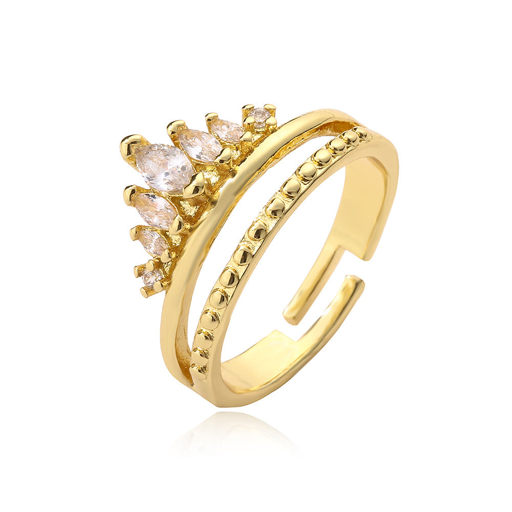 Minimalist Geometric Crown Maria Open Ring for Women in Brass with Real Gold Plating and Micro-Paved Zirconia