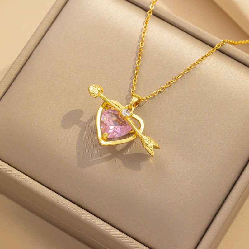 Minimalist Heart-Shaped Titanium Steel Pendant Necklace with Rhinestone Accents for Women, Hypoallergenic Plated Locket Chain Jewelry