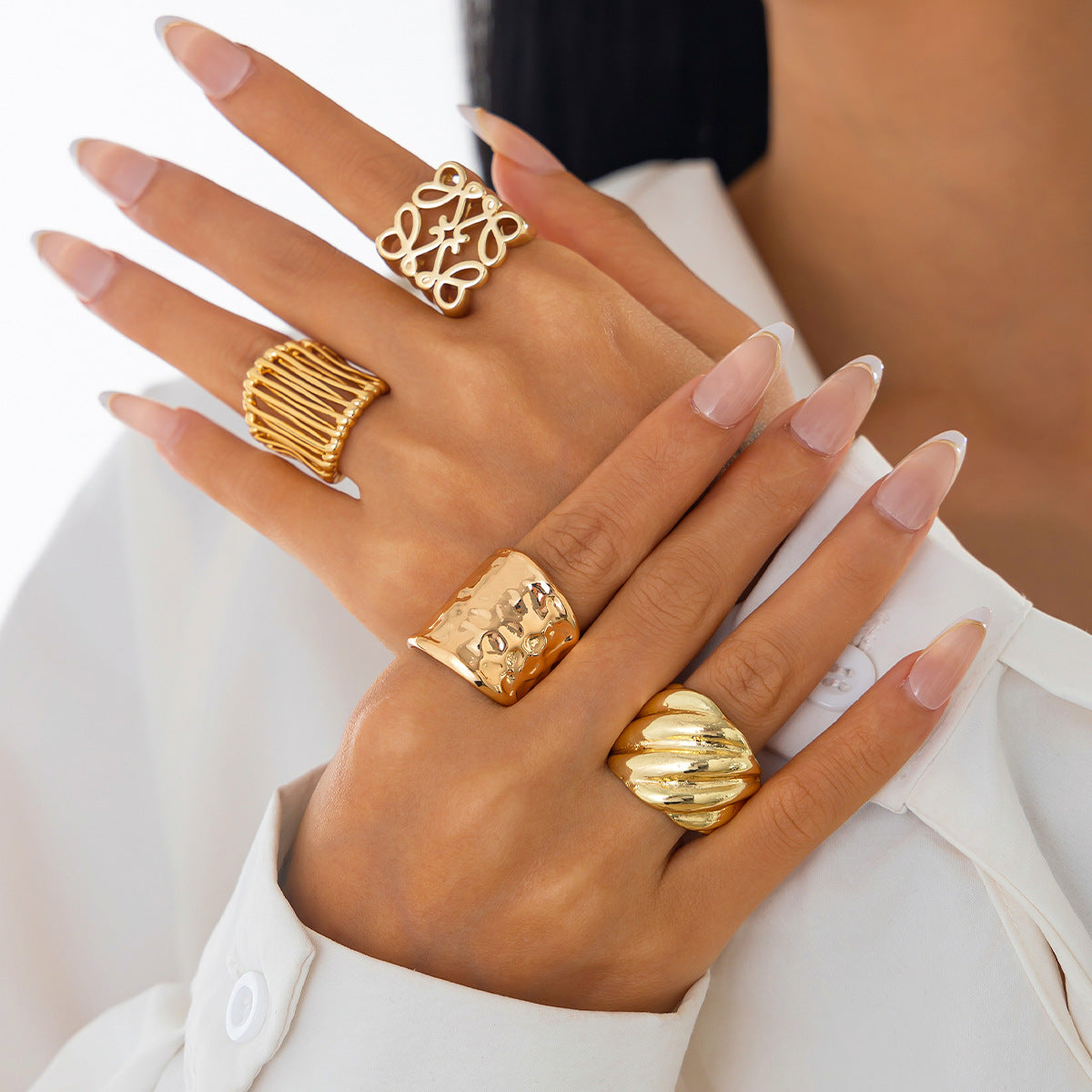 Stackable Geometric Zinc Alloy Plated Open Ring Set for Women