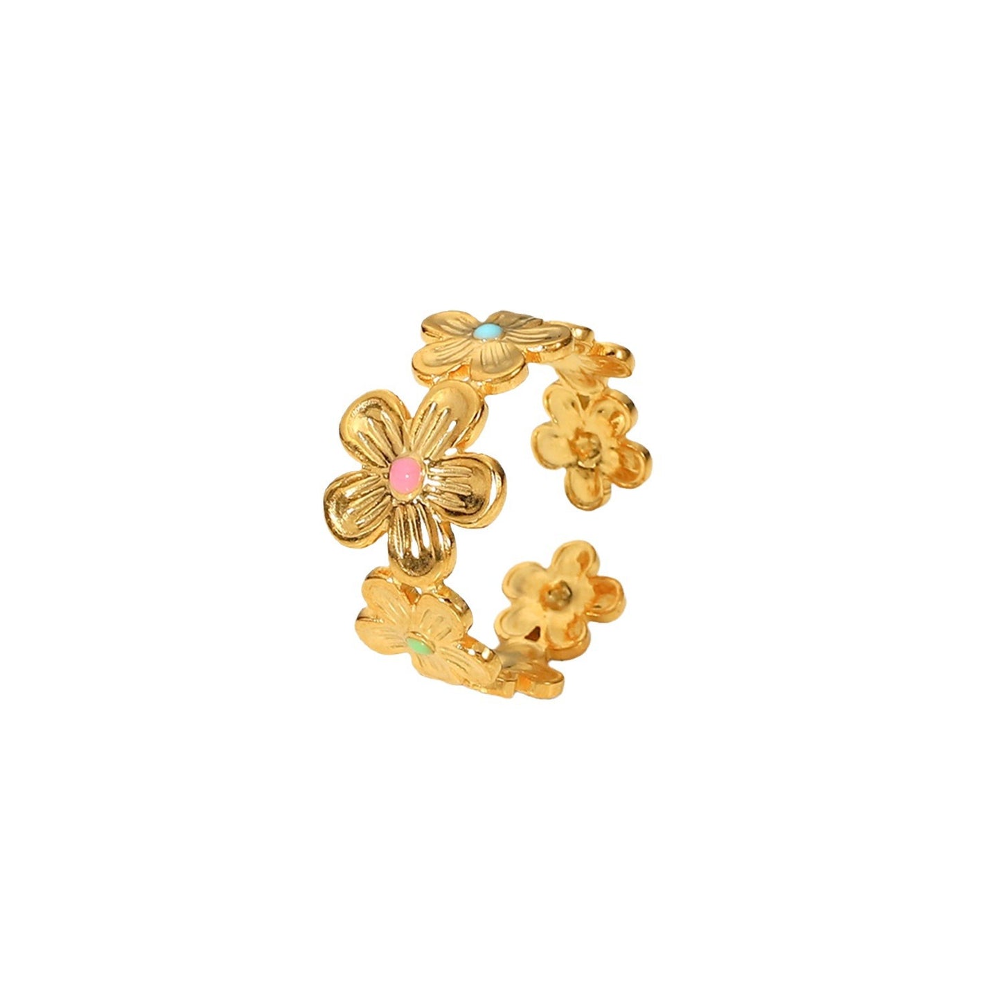 Ins Style Geometric Flower Enamel Plated 18K Gold Stainless Steel Ring for Women