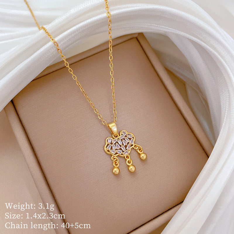 Collana con pendente a forma di nuvola minimalista in acciaio al titanio con intarsio completo di strass per donna e uomo