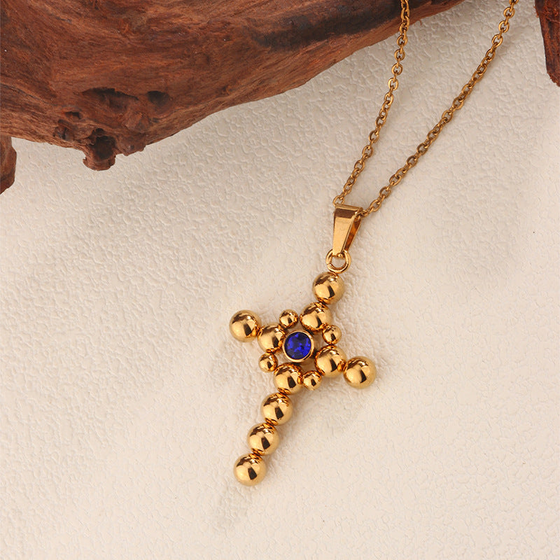 Collana Vintage Placcata Oro a Croce in Acciaio al Titanio con Ciondolo Zirconia Cubica e Catena a Cavo