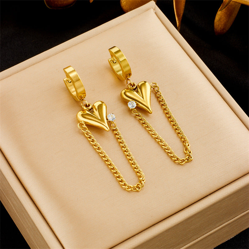 Pendientes de cadena larga de acero de titanio chapados en oro con forma de corazón y adornos de diamantes de imitación, minimalistas y elegantes para mujer