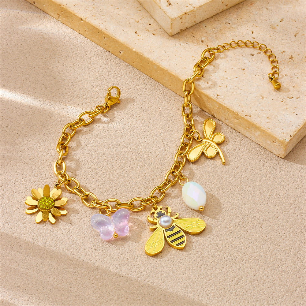 Gold Plated Stainless Steel Butterfly Bee Flower Animal Charm Bracelet for Women