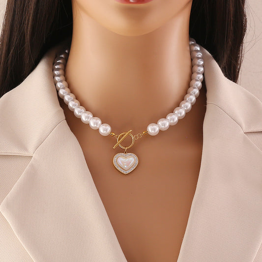 Fashionable Heart-Shaped Stainless Steel Necklace with Simulated Pearl Accents for Women