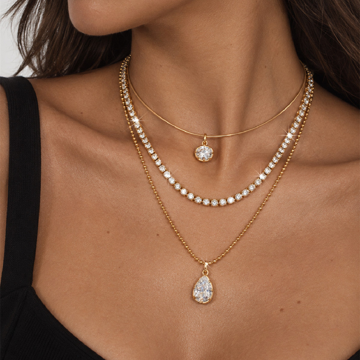 18K Gold Plated Stainless Steel Teardrop Cubic Zirconia Pendant Necklace for Women Layered Chain