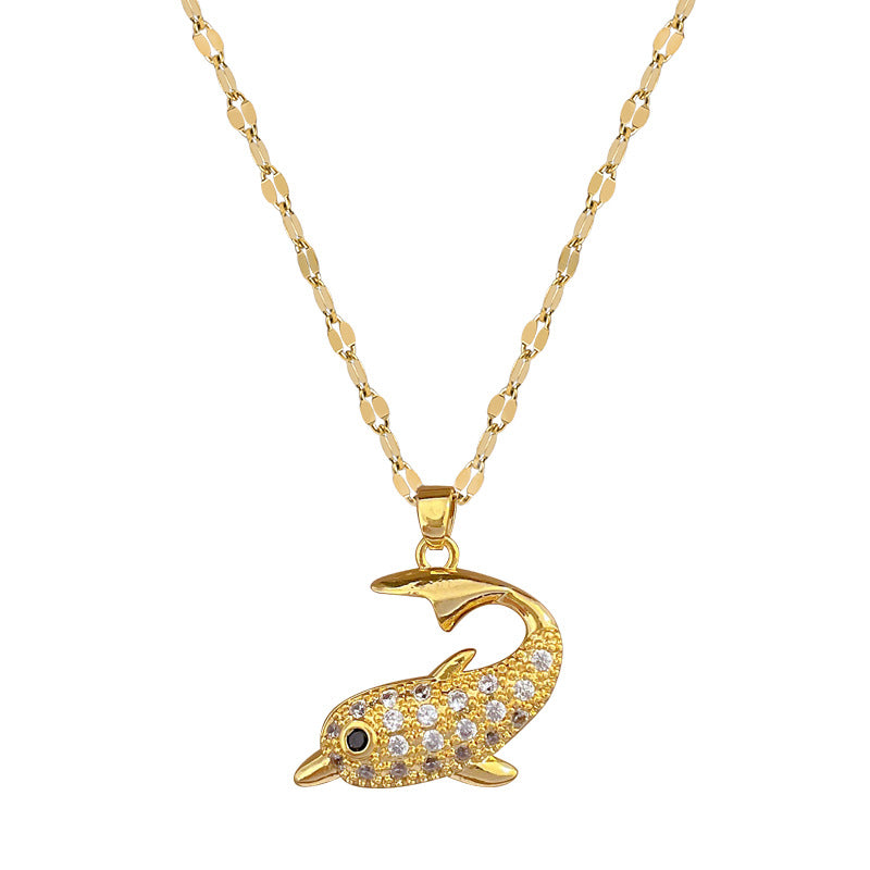 Collana con ciondolo a delfino minimalista per donne e uomini in acciaio al titanio con intarsio di strass su catena a serpente