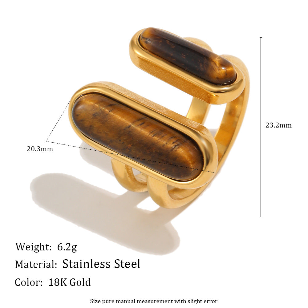 Minimalist Luxury 18K Gold Plated Stainless Steel Geometric Tiger's Eye Open Ring for Women