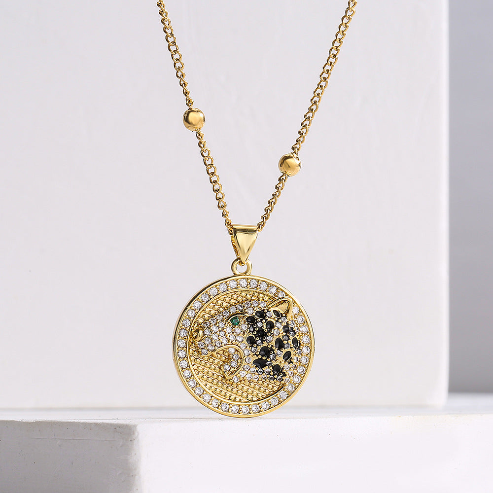 Ins Style Geometric Tiger Head Pendant Necklace for Women with Copper Base Plated in 18K Gold and Zircon Inlay