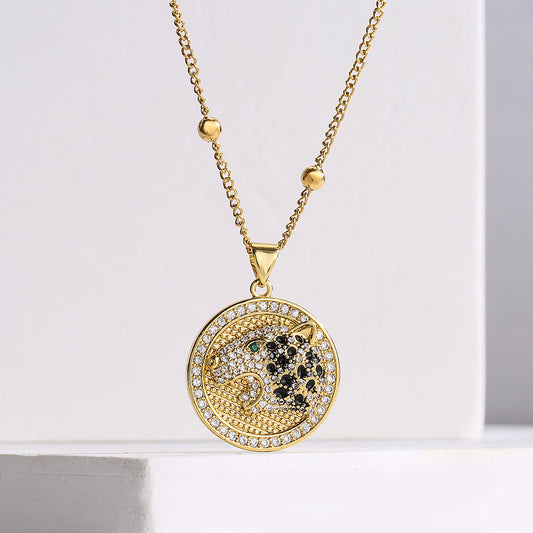 Collar con colgante de cabeza de tigre geométrico estilo Ins para mujer con base de cobre chapado en oro de 18K e incrustaciones de circonita