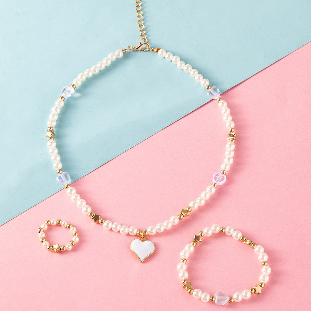 Set di Collane con Pendente a Cuore e Stella con Perline di Vetro per Ragazze, Inclusi Collana, Anello e Braccialetto