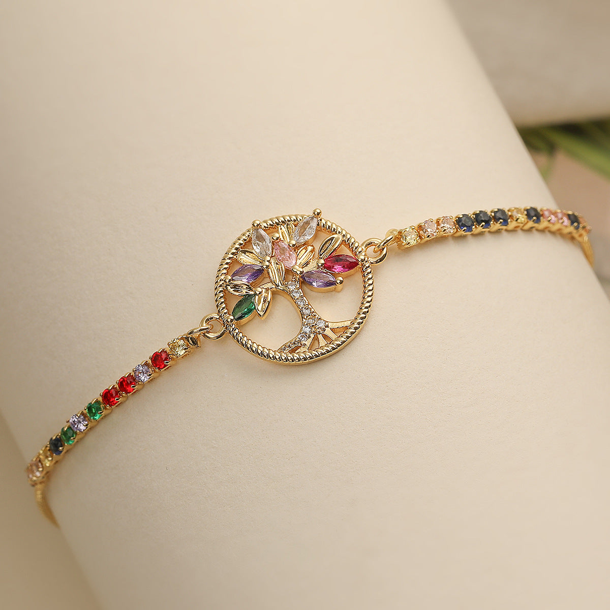 Fashionable Minimalist Life Tree Geometric Bracelet for Women in Copper with 18K Gold Plating and Color Zircon Inlay