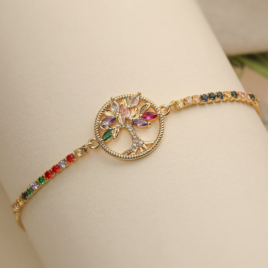 Fashionable Minimalist Life Tree Geometric Bracelet for Women in Copper with 18K Gold Plating and Color Zircon Inlay