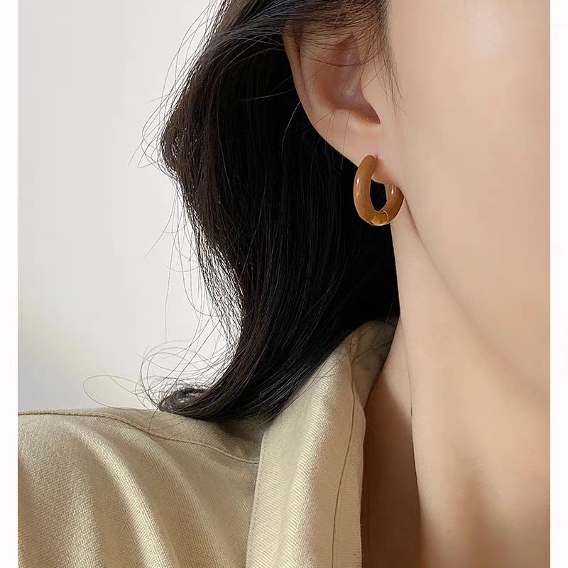 Pendientes de aro en forma de U de acero titanio esmaltado retro francés elegante para mujer en azul esmeralda y burdeos