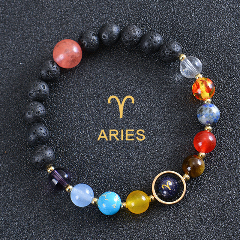 Unisex Zodiac Blue Sandstone Volcanic Stone Crystal Beaded Bracelet