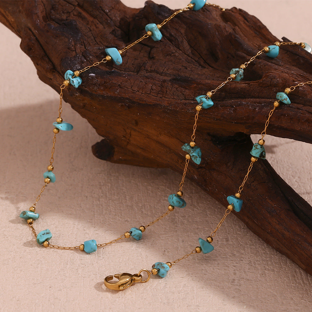 Collana da donna alla moda in acciaio inossidabile con forma geometrica, placcatura in oro 18 carati e intarsio in turchese