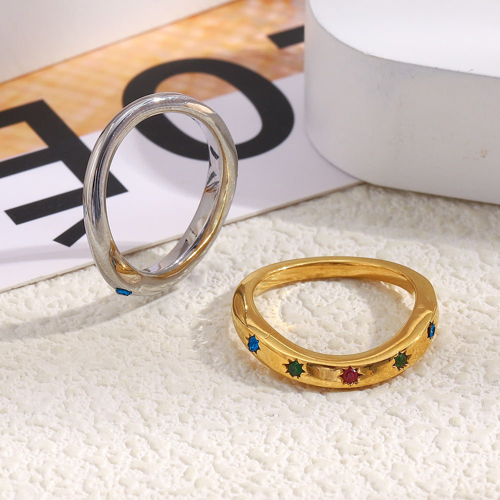 Minimalist Geometric Stainless Steel Plated 18K Gold Eight-Pointed Star Ring for Women with Colorful Rhinestone Inlay