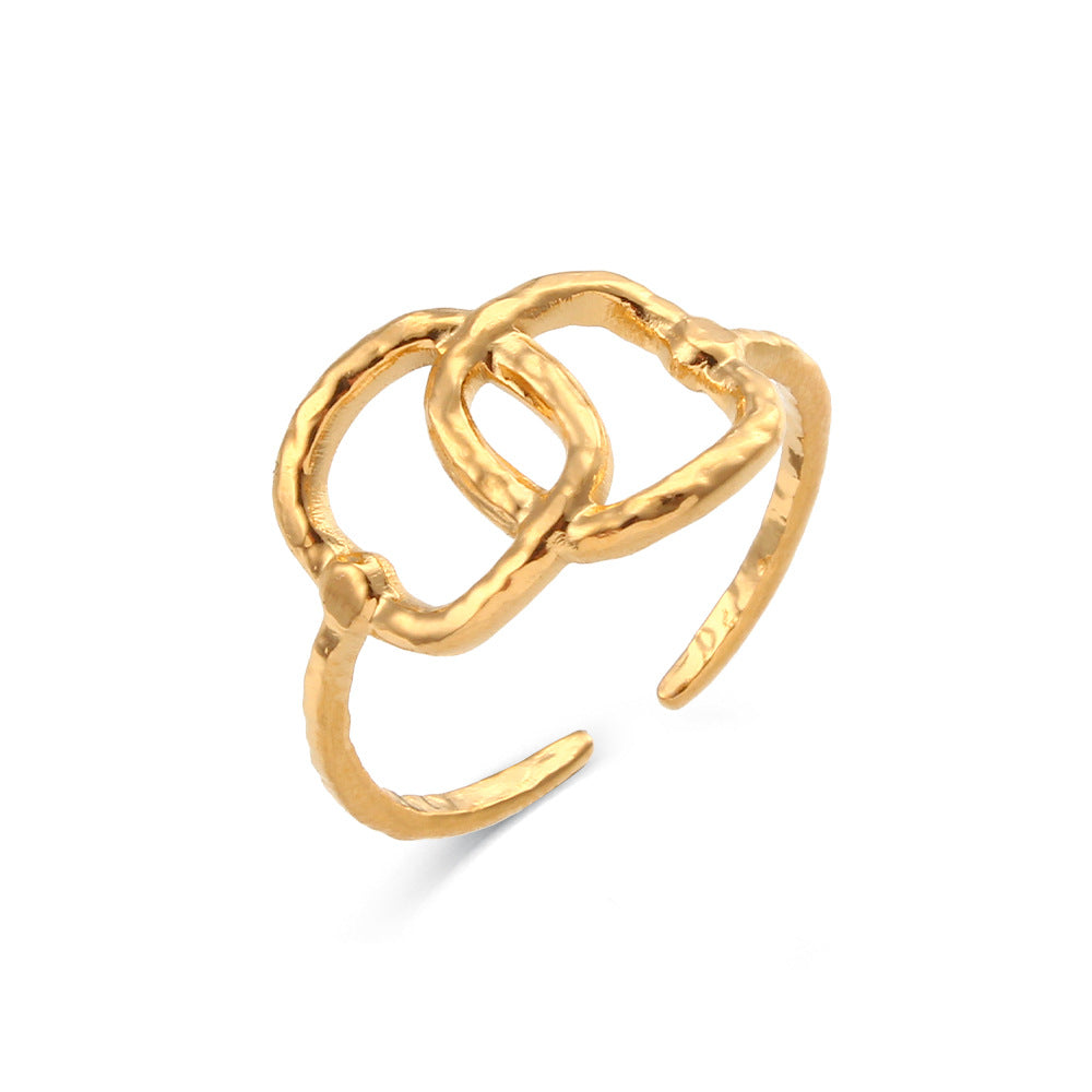 Anillo abierto trenzado de acero inoxidable calado geométrico a la moda para mujer con acabado chapado