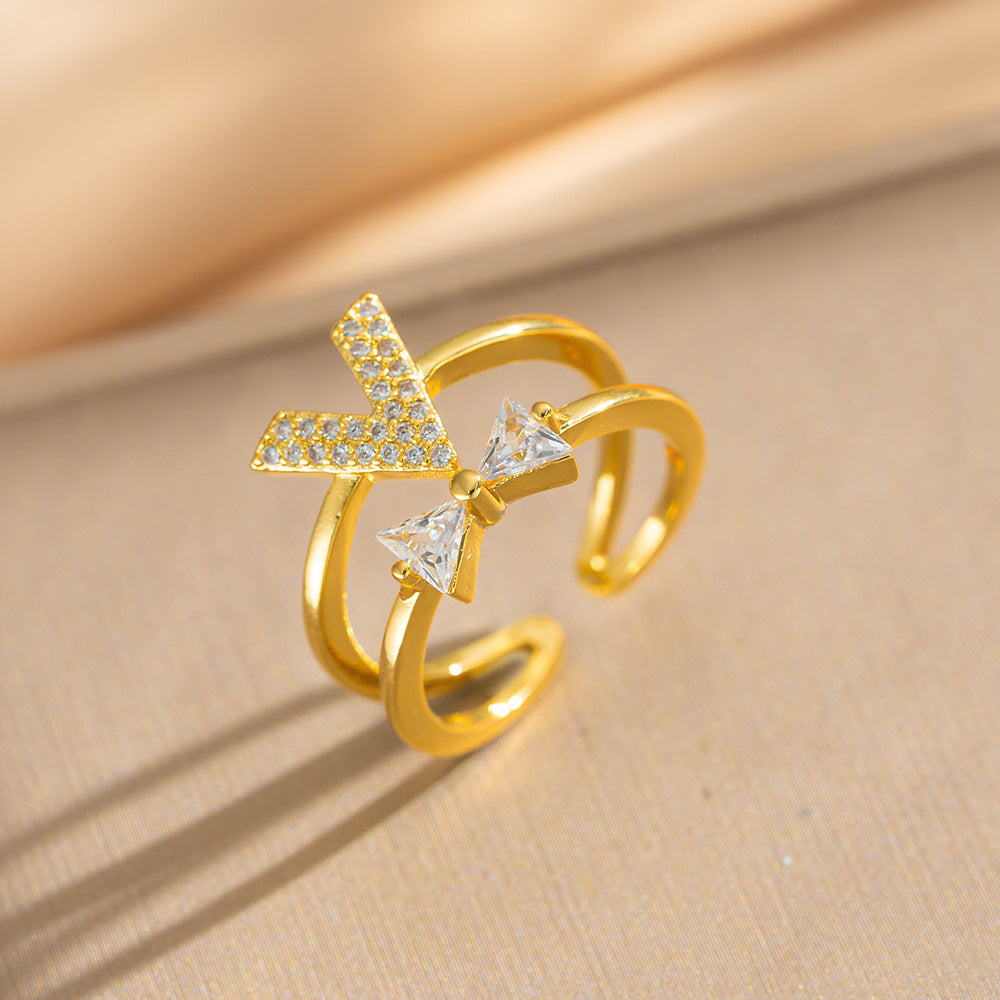 Luxury Minimalist Adjustable Open Ring for Women with Gold-Plated Copper Band and Zircon Stone Accent in Heart and Floral Shape