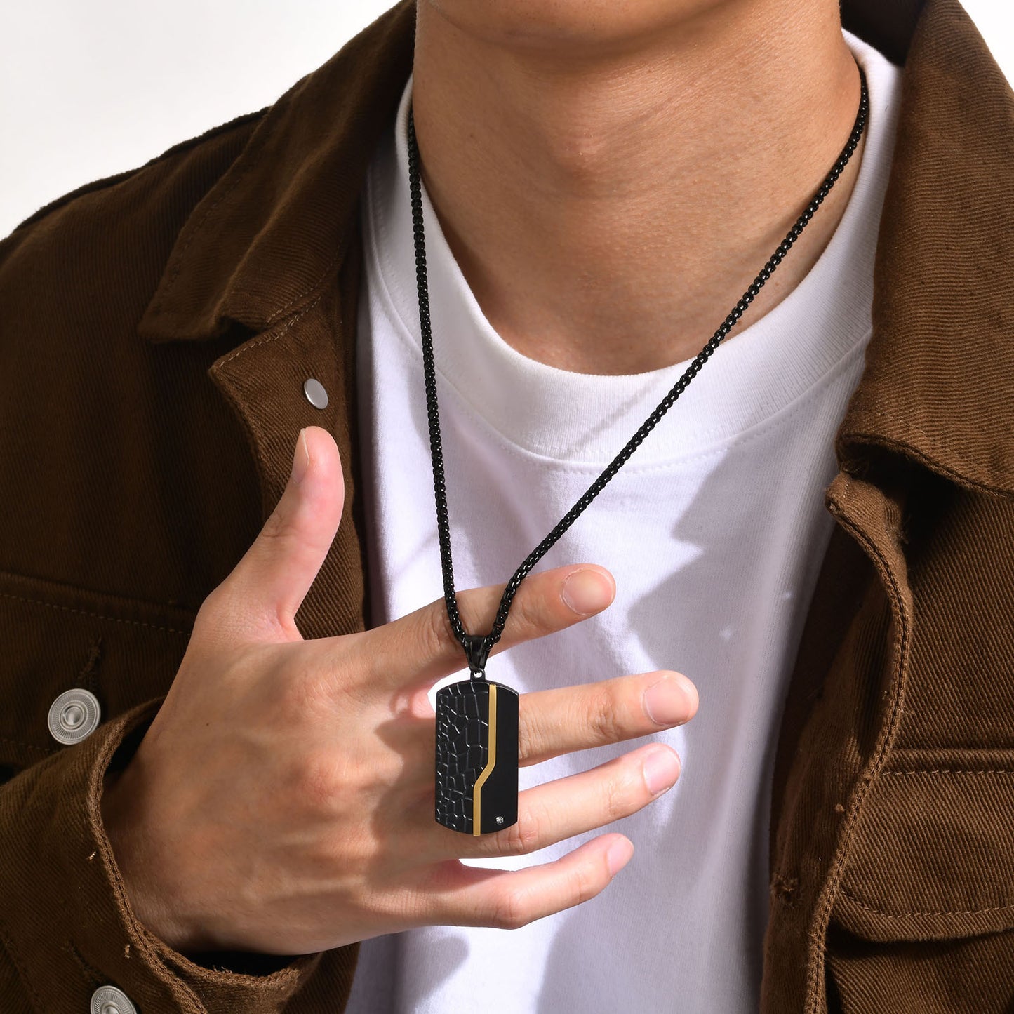 Retro Black Cracked White Zircon Stainless Steel Military Dog Tag Necklace with Plated Finish for Men and Women