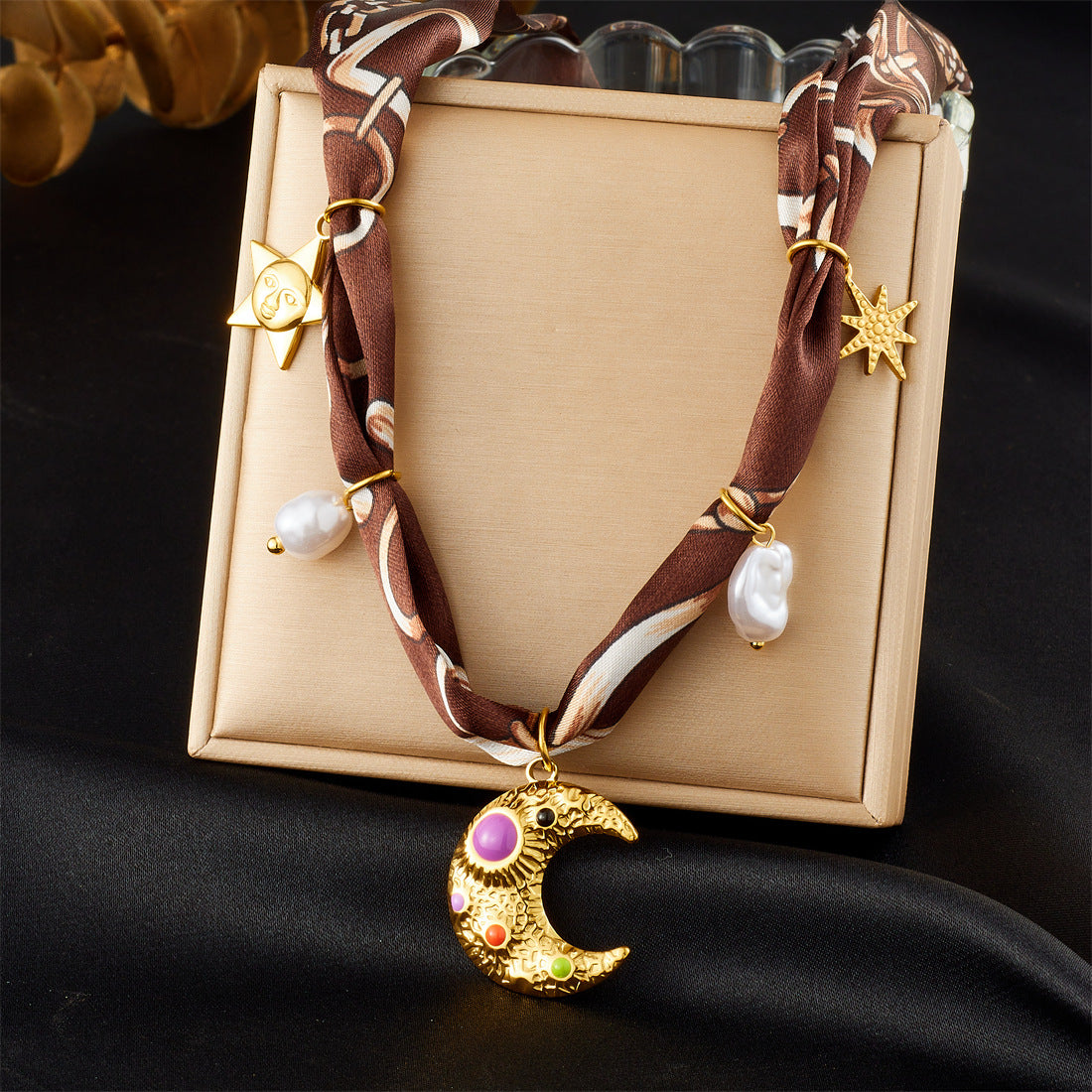 Elegant Gold Plated Stainless Steel Heart Moon Star Necklace with Colorful Floral Print and Knotted Chain for Women