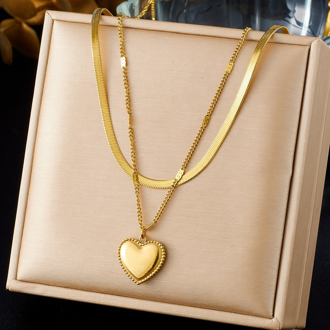 Gold Plated Stainless Steel Heart Pendant Double Layer Irregular Chain Necklace for Women