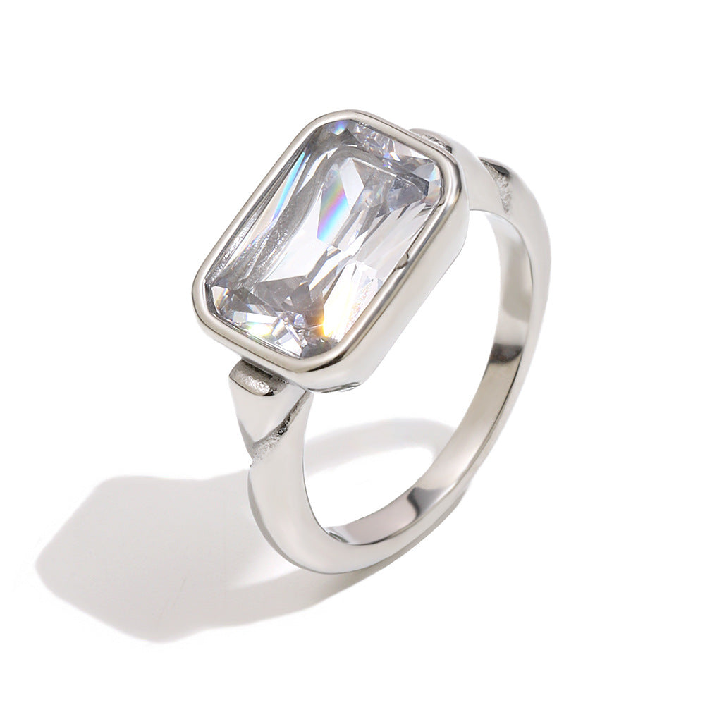 Minimalist 18K Gold Plated Stainless Steel Rectangle Geometric Cubic Zirconia Ring for Women