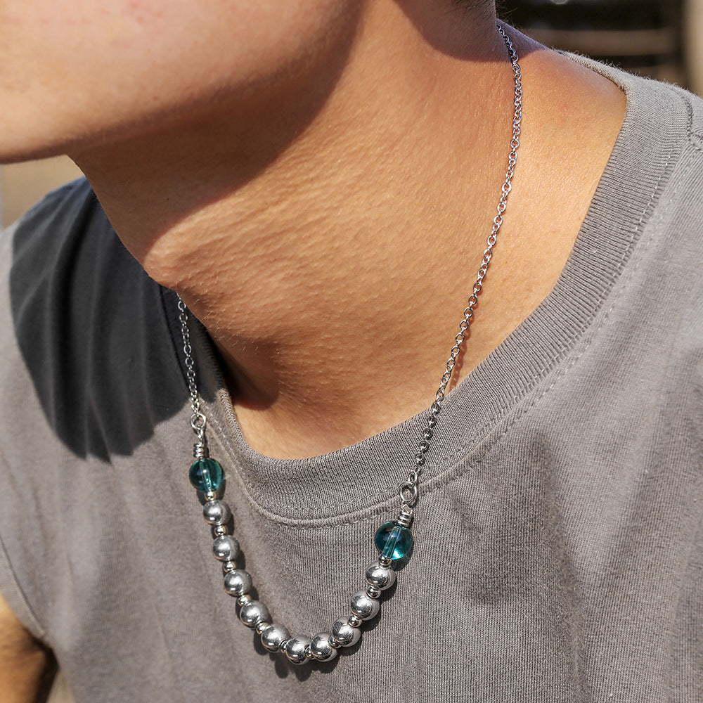 Minimalist Geometric Stainless Steel PVD Beaded Necklace with Black Agate and Crystal for Unisex