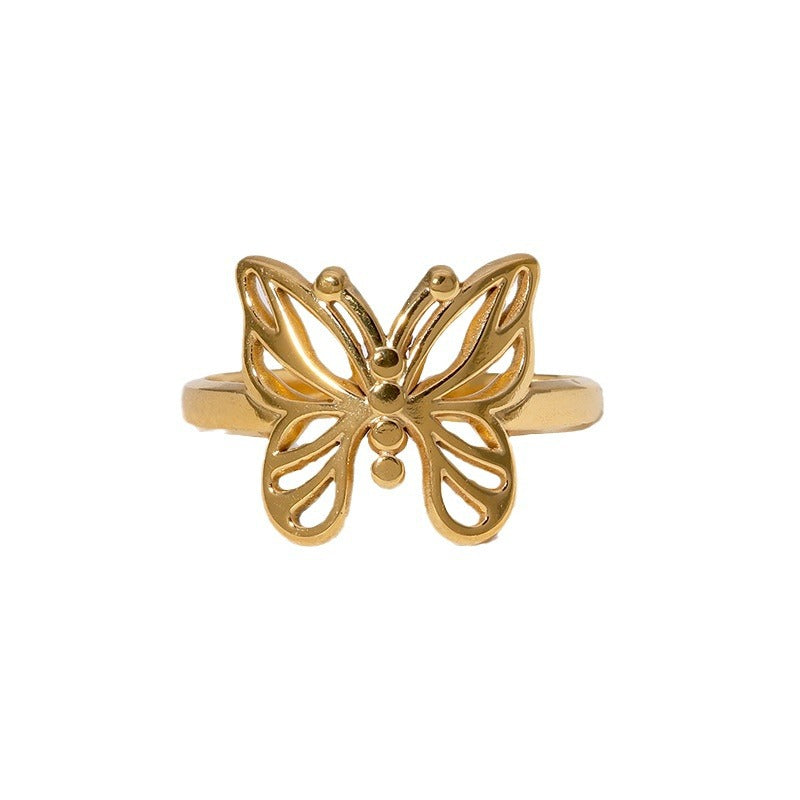 Anello Aperto Elegante a Forma di Farfalla per Donna in Acciaio Inossidabile con Placcatura in Oro 18K, Ipoallergenico e Resistente allo Sbiadimento