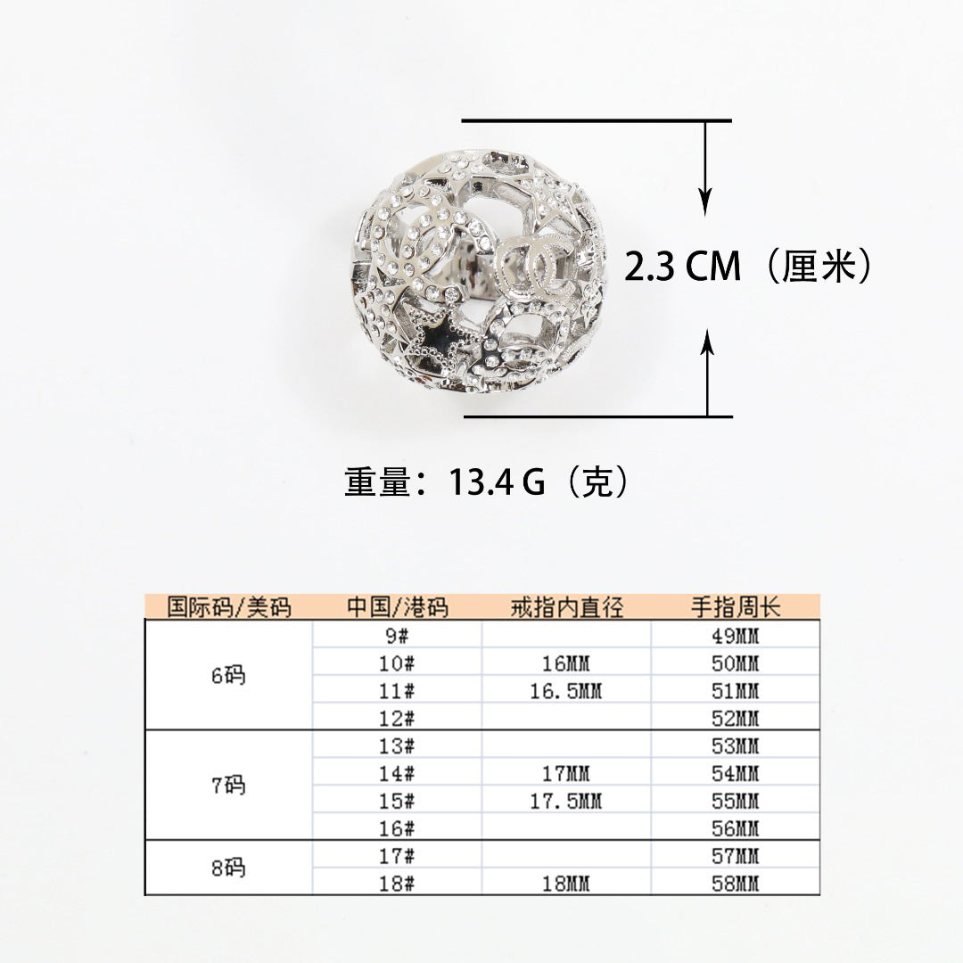 Luxury Elegant Gold Plated Brass Round Star Letter Ring with Full Rhinestones for Women
