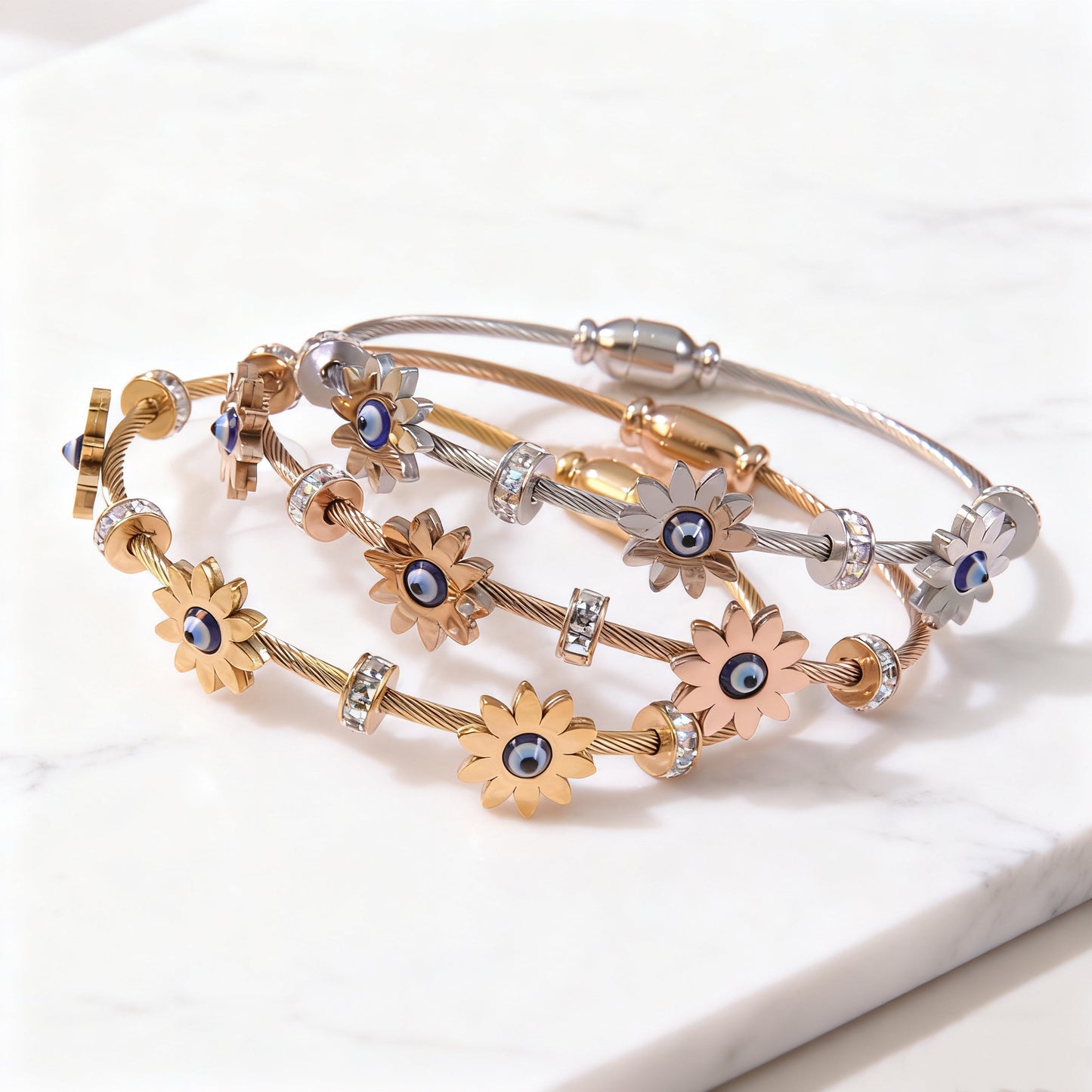 Casual Round Geometric Plated Stainless Steel Bracelet with Evil Eye and Sunflower Design