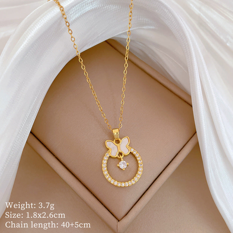 Geometric Minimalist Titanium Steel Lip Chain Necklace with Copper Pendant and Rhinestone Inlay