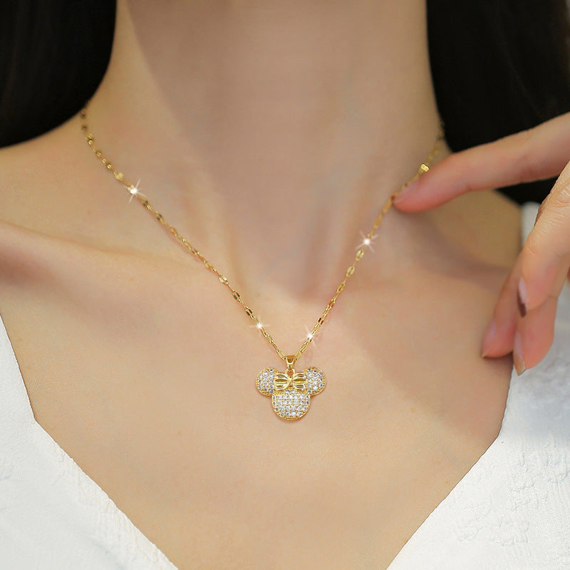 Luxury Sweet Geometric Rhinestone Mouse Pendant Necklace in Titanium Steel Chain