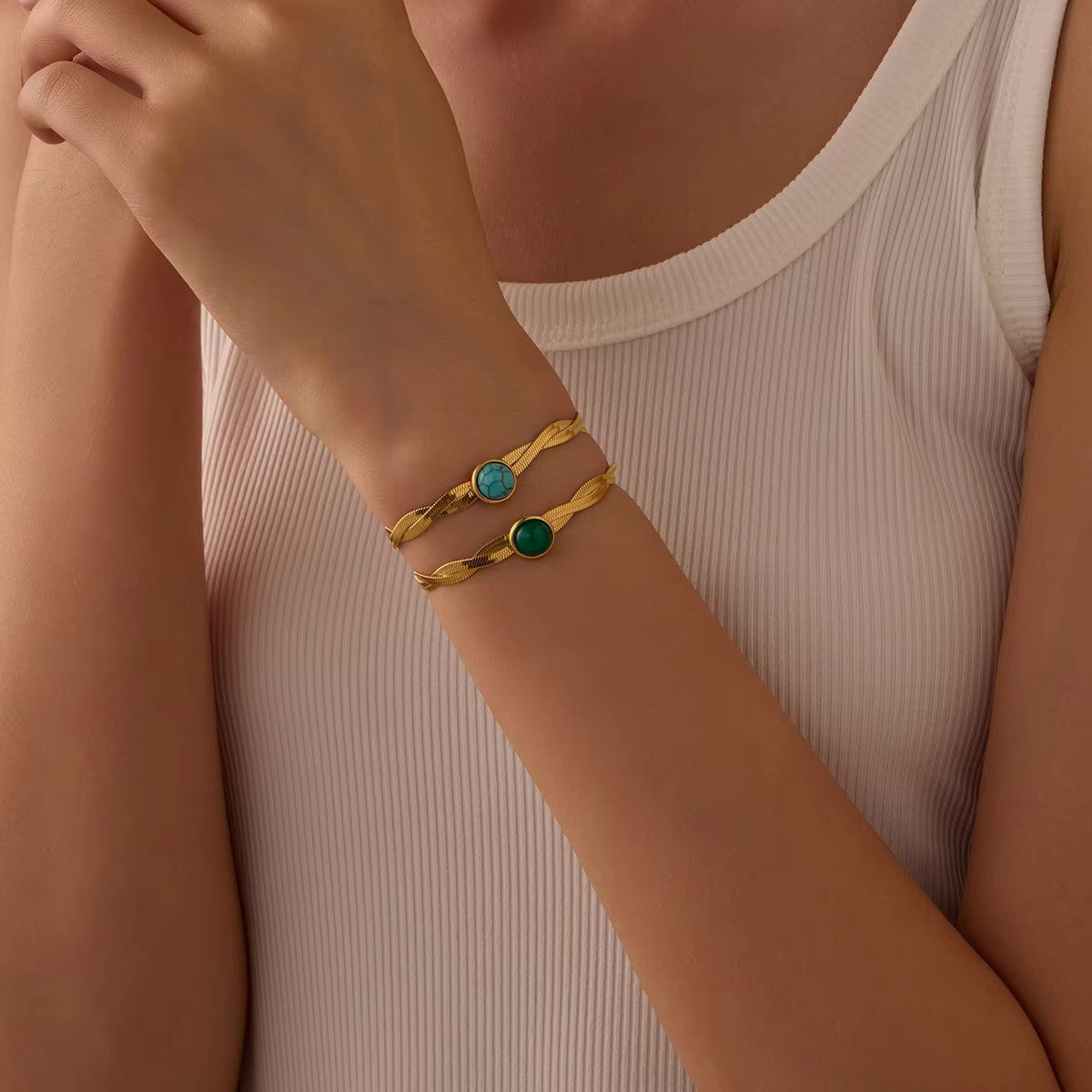 Fashionable OL Style Geometric Shape Stainless Steel Braided Snake Chain Bracelet with Turquoise Inlay and Titanium Steel Accents