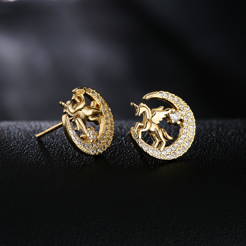 Minimalist Moon Unicorn Earrings for Women with Copper Base and 18K Gold Plating, Micro-Paved Zirconia Accents