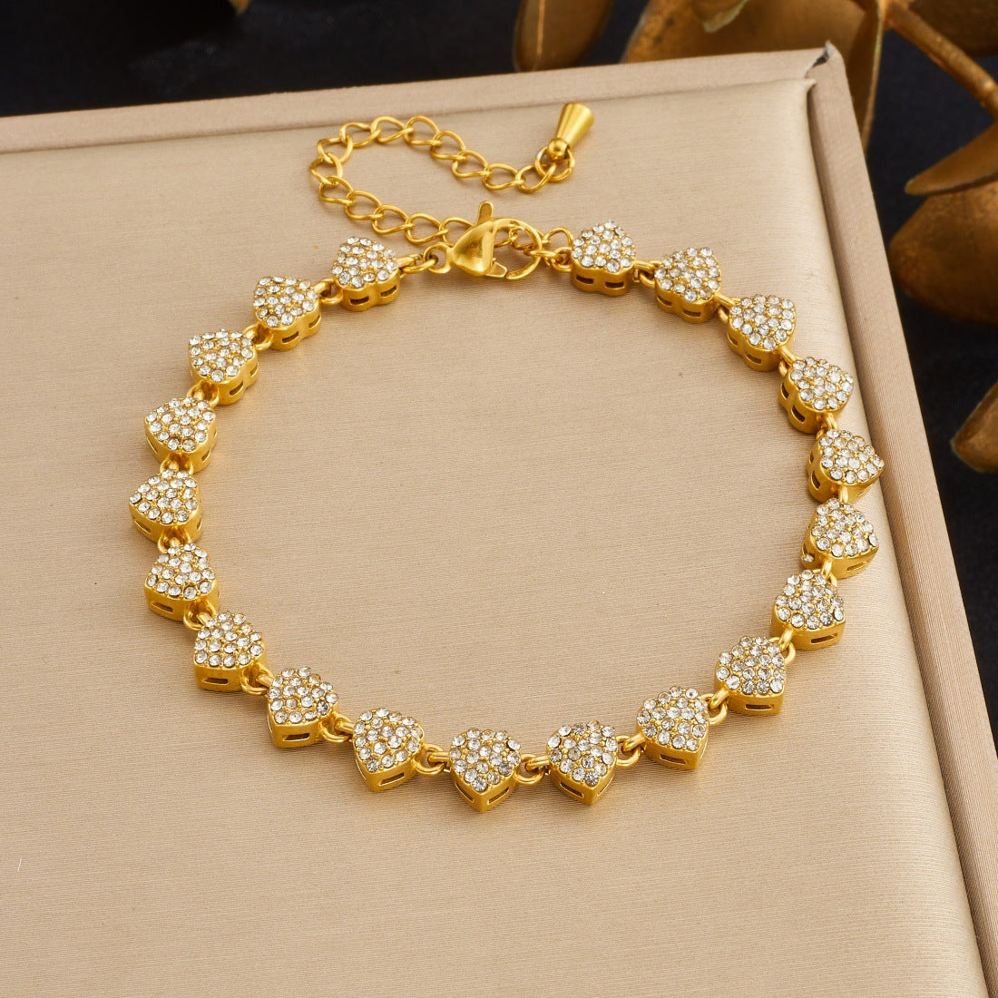 Elegant Gold Plated Stainless Steel Heart Rhinestone Bracelet