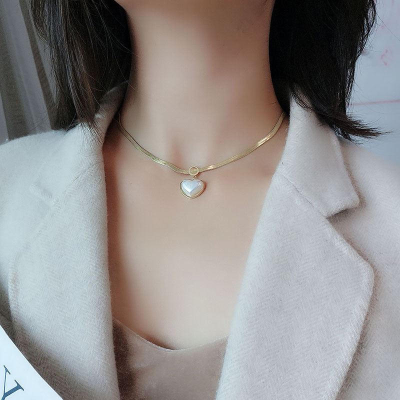 Cute 18K Plated Titanium Steel Heart Pendant Necklace Simple Snake Chain for Women