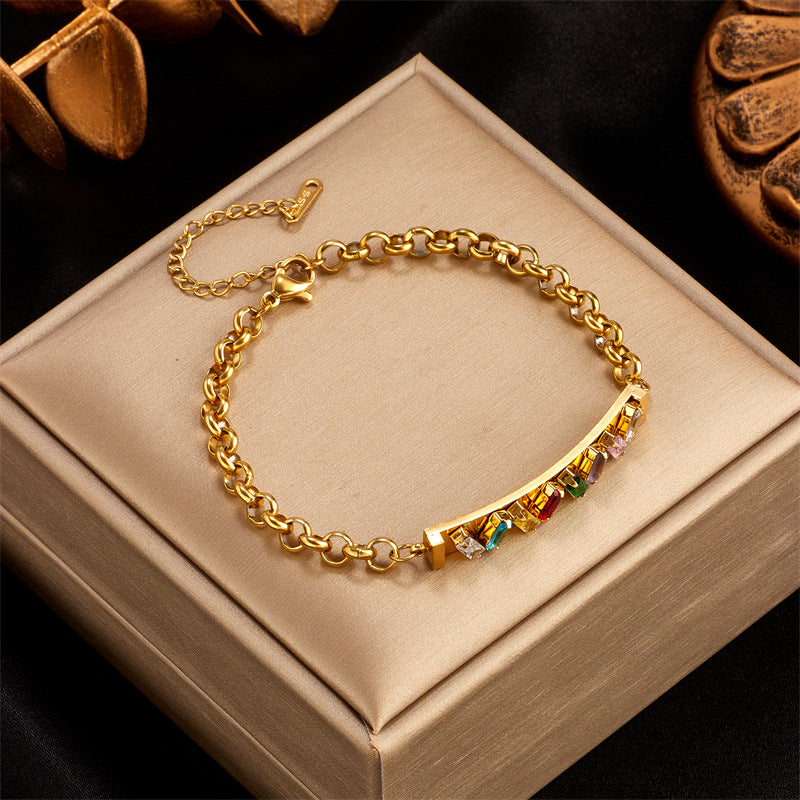 Vintage Fashionable Colorful Transparent Rhinestone-Embellished Bar-Shaped Titanium Steel Bracelet with Plated Finish
