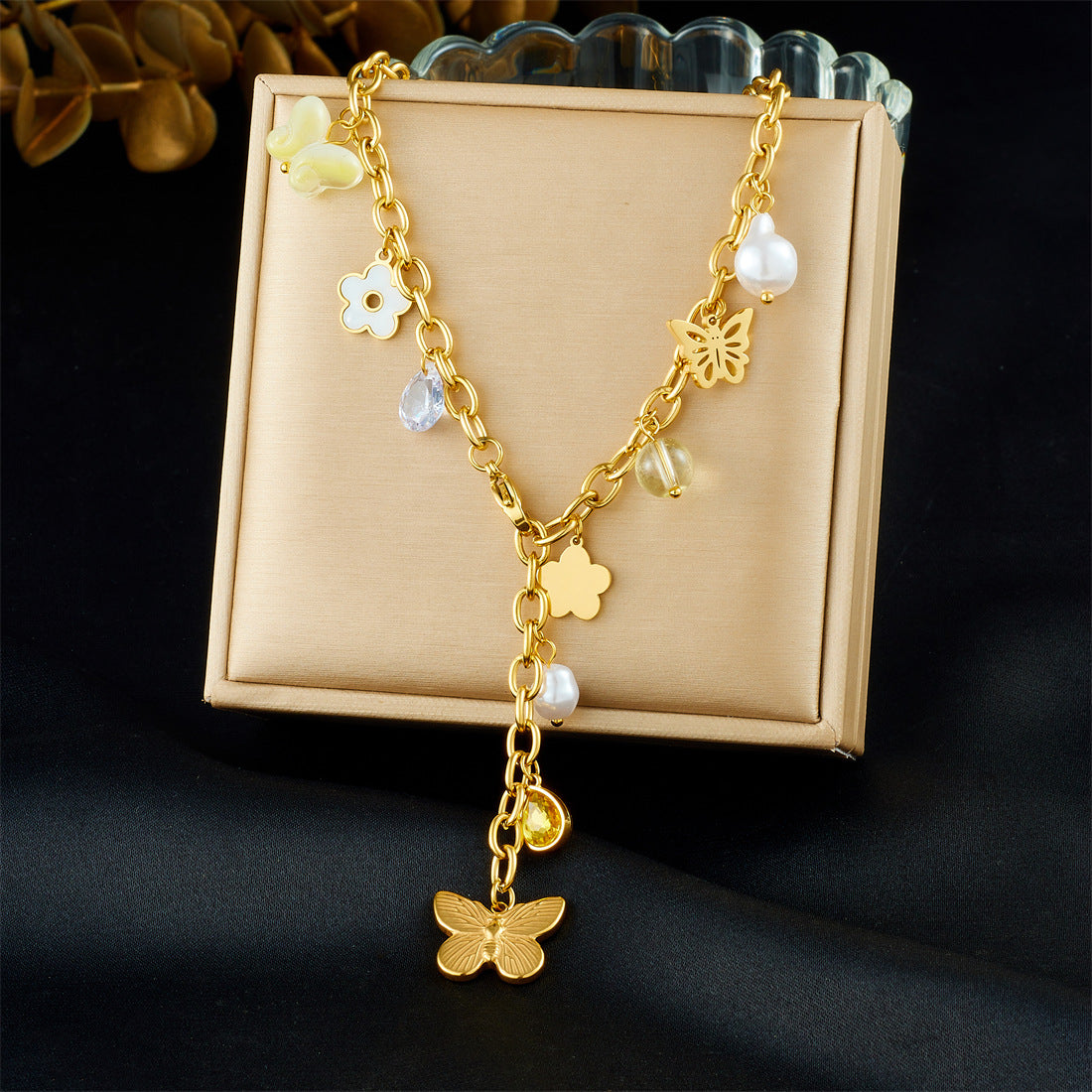 Casual Gold Plated Stainless Steel Star Cross Butterfly Pendant Necklace with Tassel Y-Chain