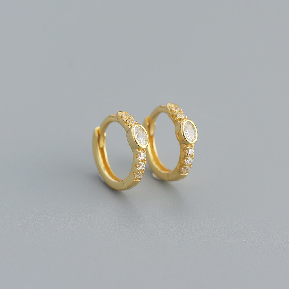 Minimalist Geometric S925 Sterling Silver Hoop Earrings with Rhinestone Inlay for Women