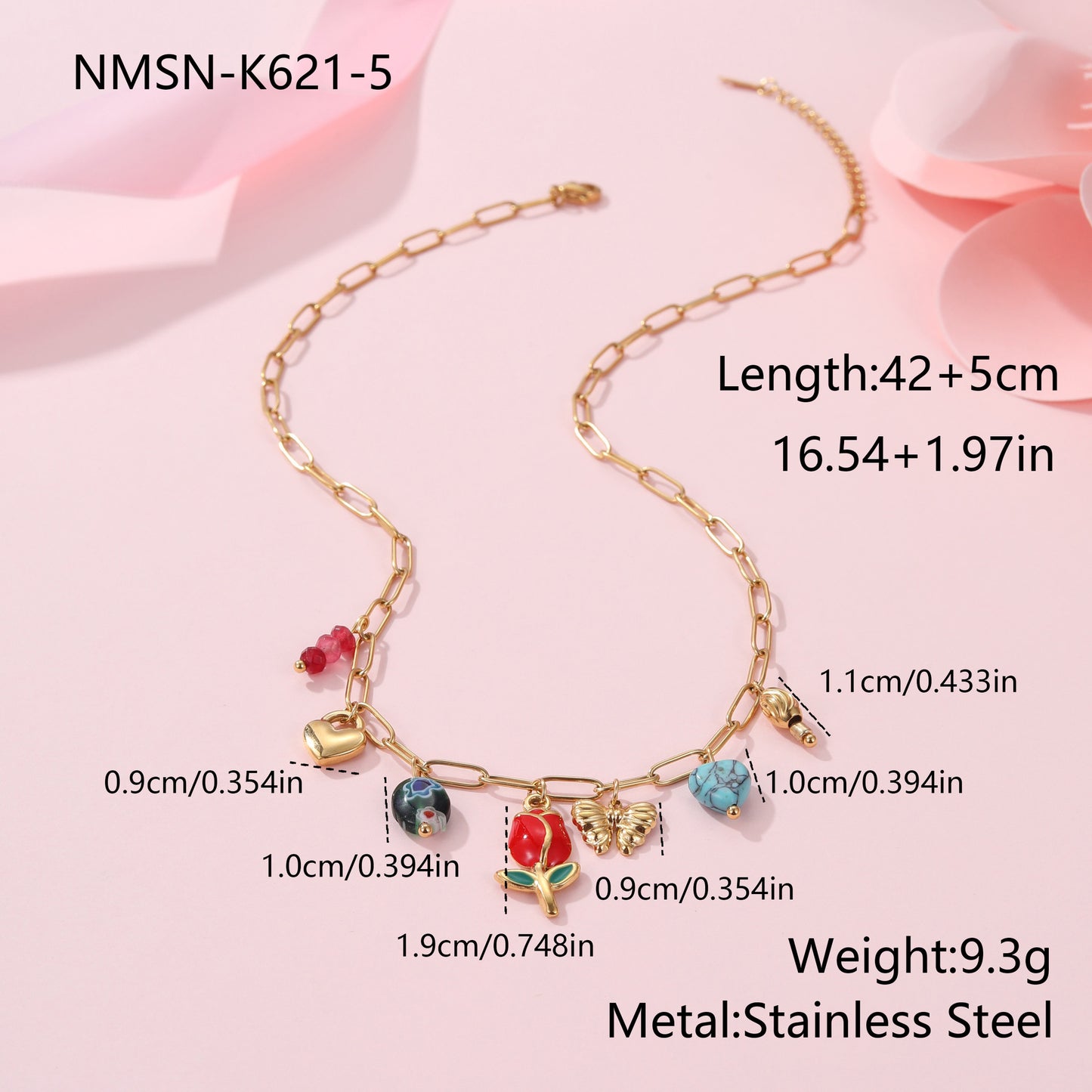 Fashion Floral Pendant Necklace for Women in Stainless Steel with Plated Finish, Heart and Geometric Shapes, Lightweight Luxury Clavicle Chain