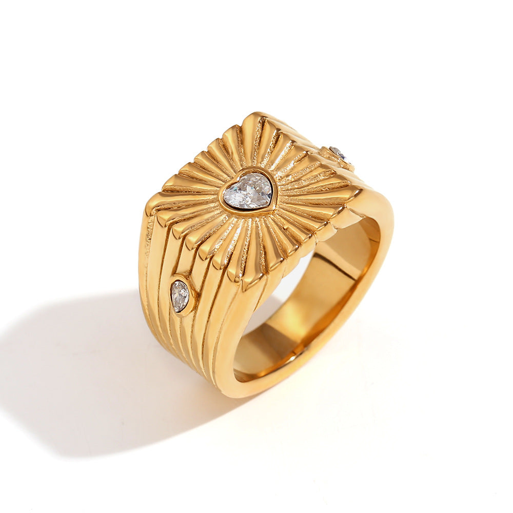 Vintage Geometric Stainless Steel Plated 18K Gold Heart-Shaped Card Pendant Ring for Women