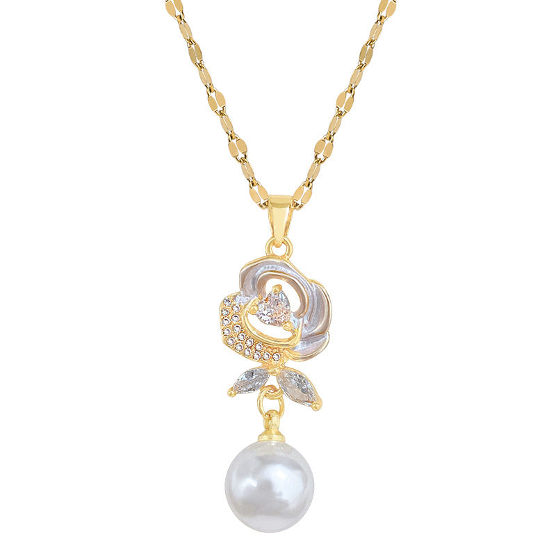 Sweet Elegant Floral Moon Rhinestone Plated Titanium Steel Necklace Set for Unisex