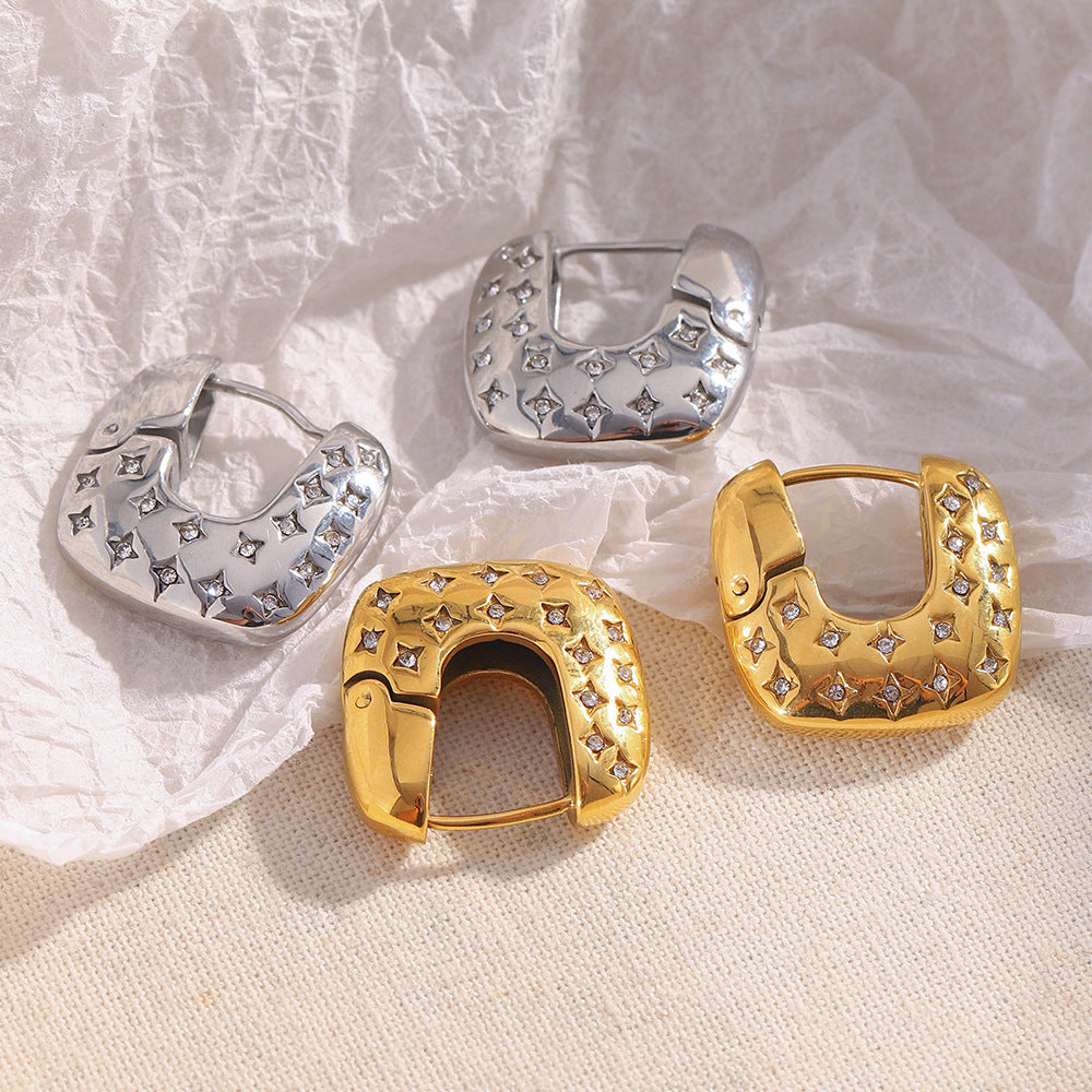 Minimalist Geometric Four-Pointed Star Stainless Steel Earrings with 18K Gold Plating for Women
