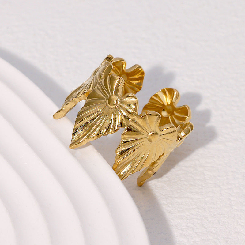 Minimalist 18K Gold Plated Stainless Steel Leaf Ring for Women Open Adjustable Design