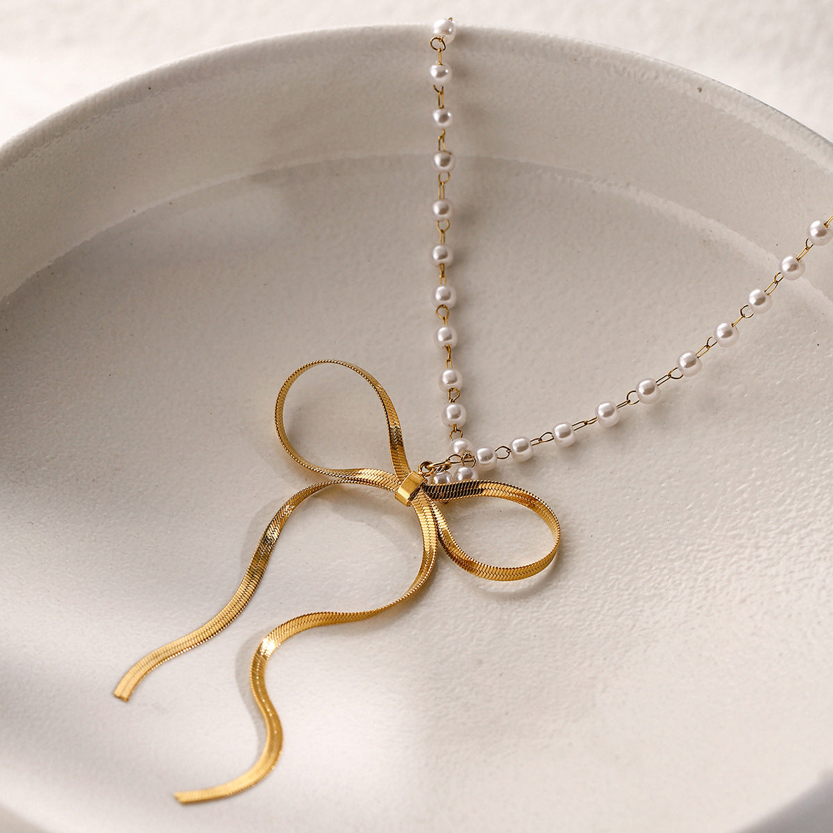 Sweet Pastoral 18K Gold Plated Stainless Steel Bow Butterfly Pendant Necklace for Women